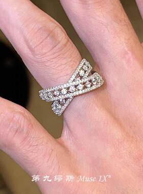 S925纯银复古交叉满钻戒指女小众