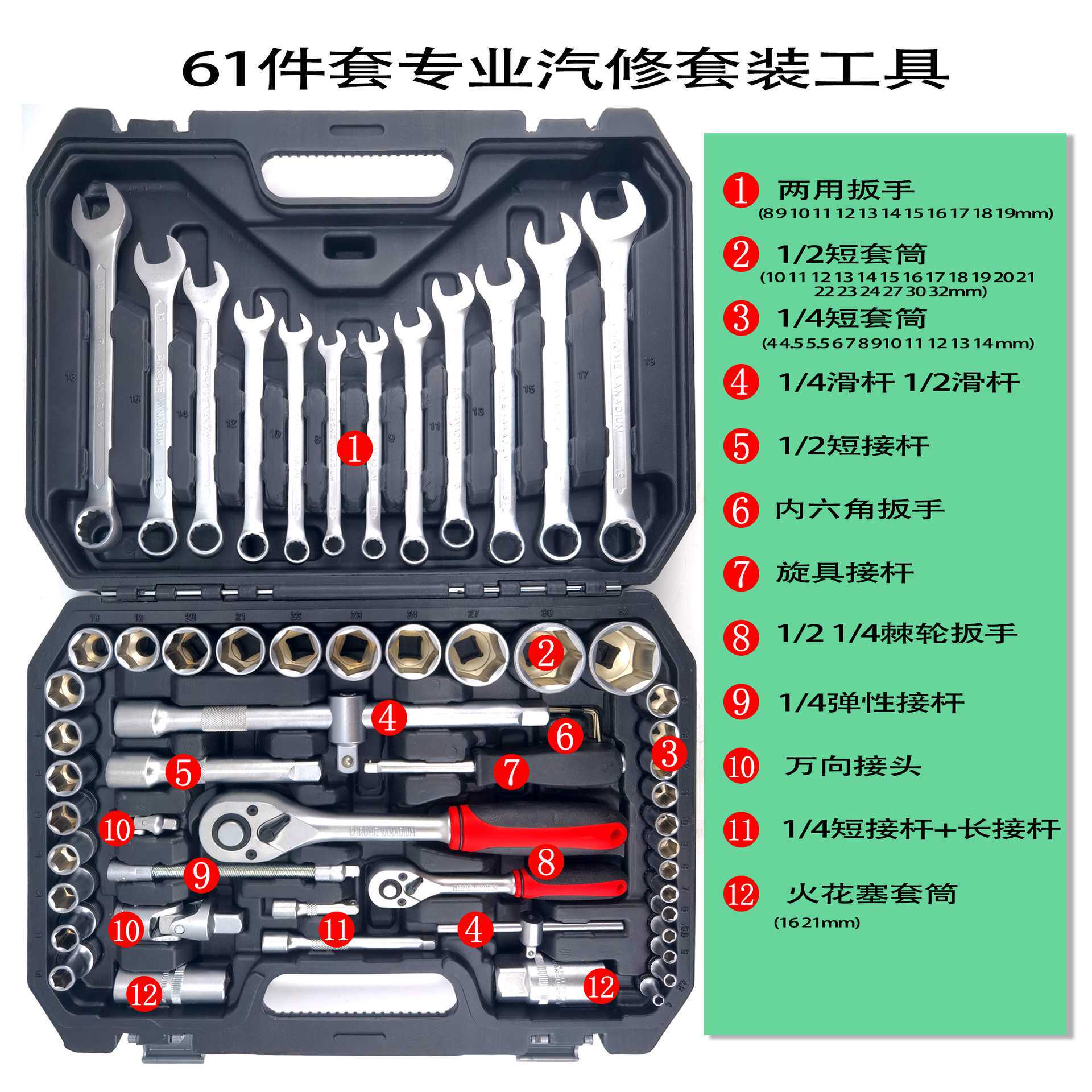 工业级61件套筒棘轮扳手工具套装汽修工具套装72齿铬钒钢工厂直供