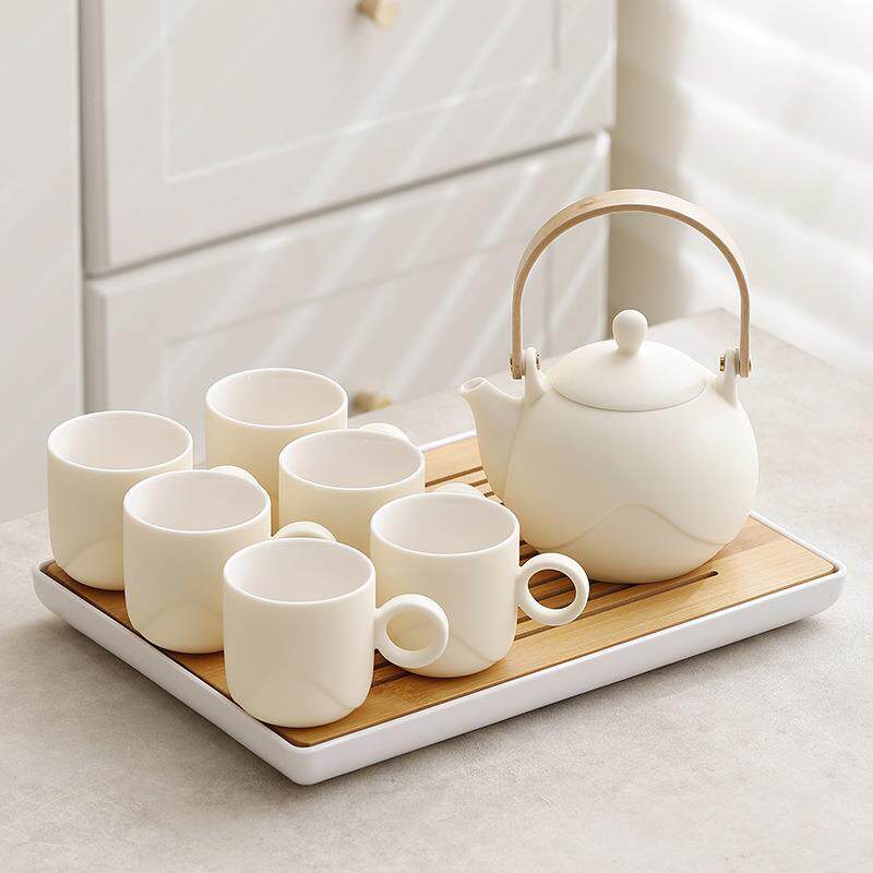 跨境陶瓷奶油风提梁壶茶具套装大号茶壶茶杯整套简约办公家用茶具