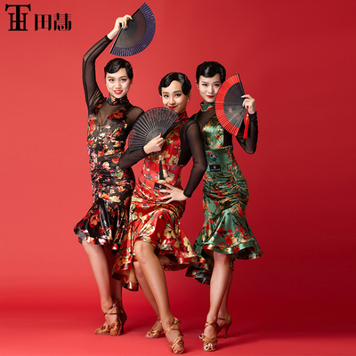 人气丝绒成人女士拉丁旗袍款连体服半身裙表演0272+PBH63108