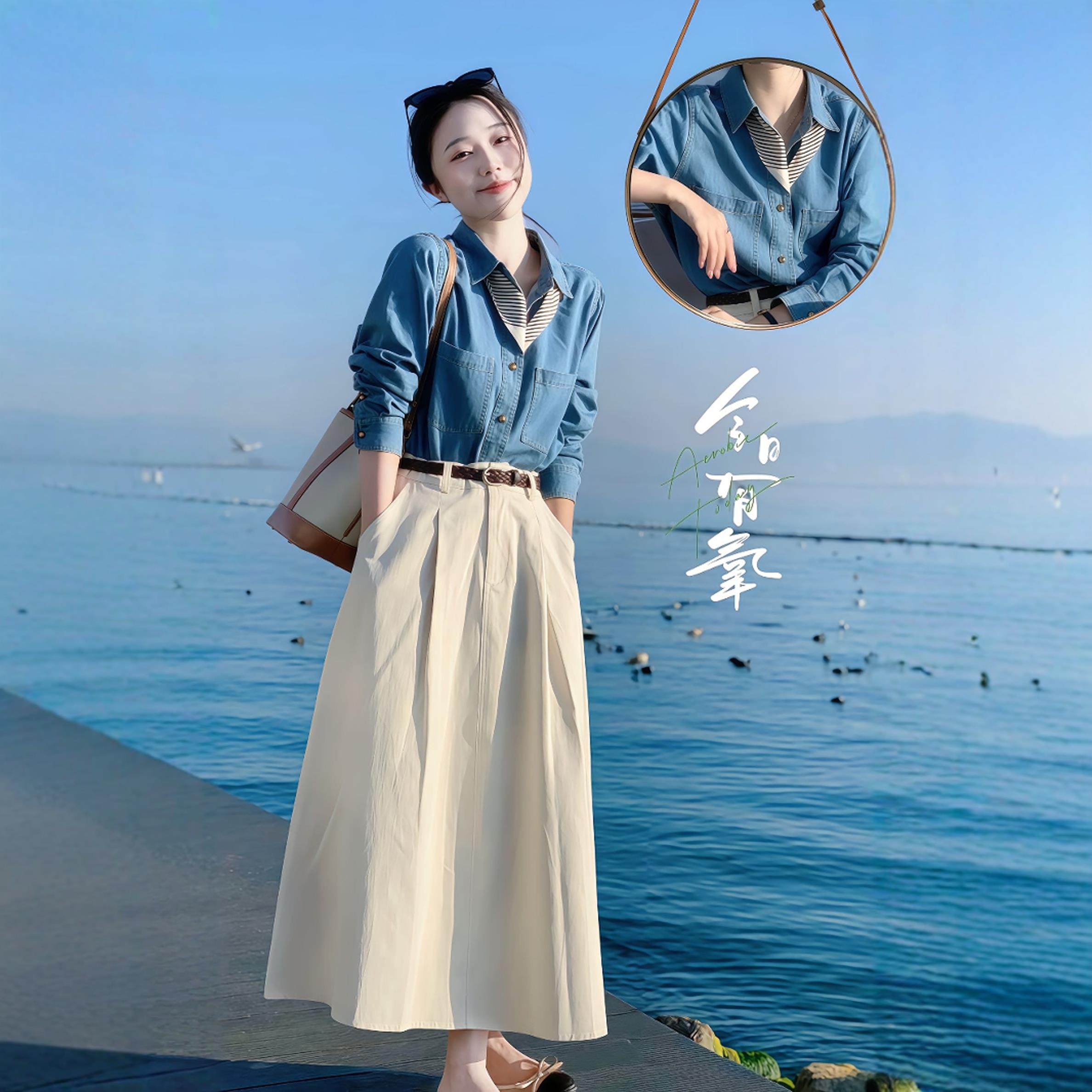 入春穿搭一整套大码胖mm牛仔衬衫半身裙子韩系高级独特超火套装女