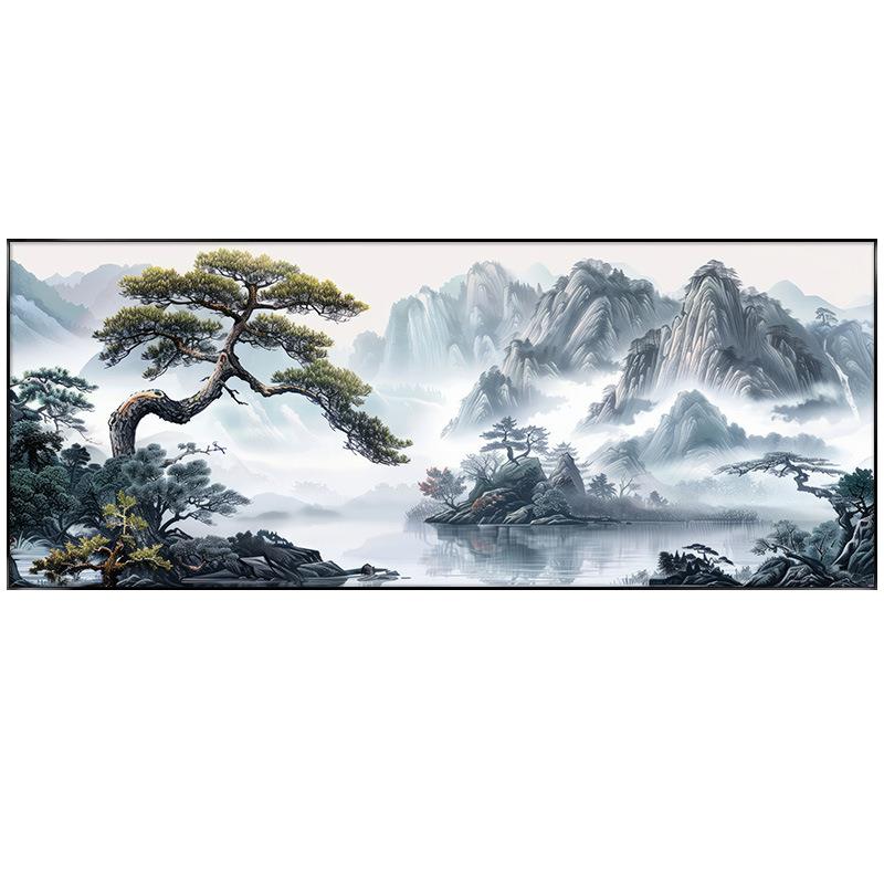 山水画横幅挂画风景壁画靠山图装饰画新客厅办公室迎客松客厅中式图片