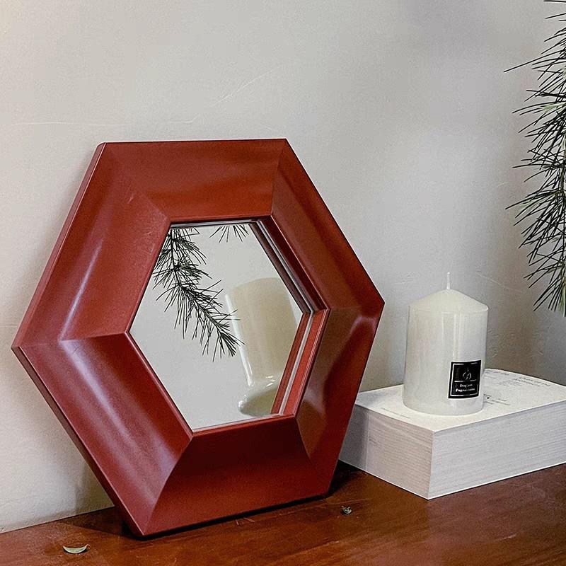 装饰挂画红色六角中古镜法式客厅装饰画轻奢卧室梳妆台镜子挂画