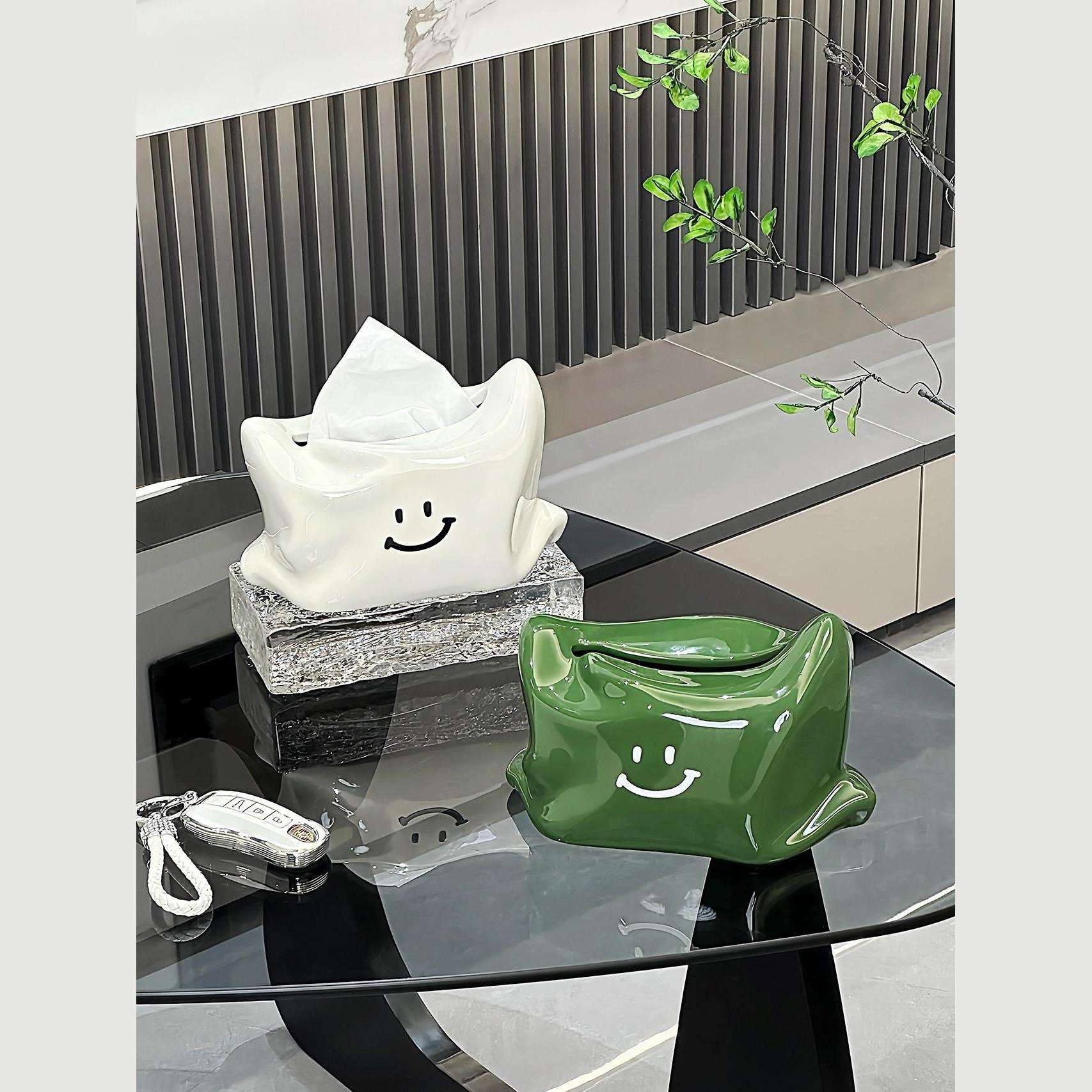 陶瓷微笑纸巾盒摆件创意轻奢可爱抽纸盒奶油风餐巾纸抽盒桌面客厅