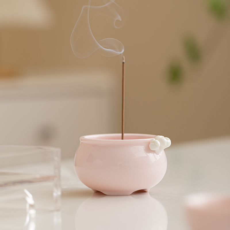 粉色手工捏花香炉纯铜多s孔线香插日式禅意檀香炉家用香托茶道摆