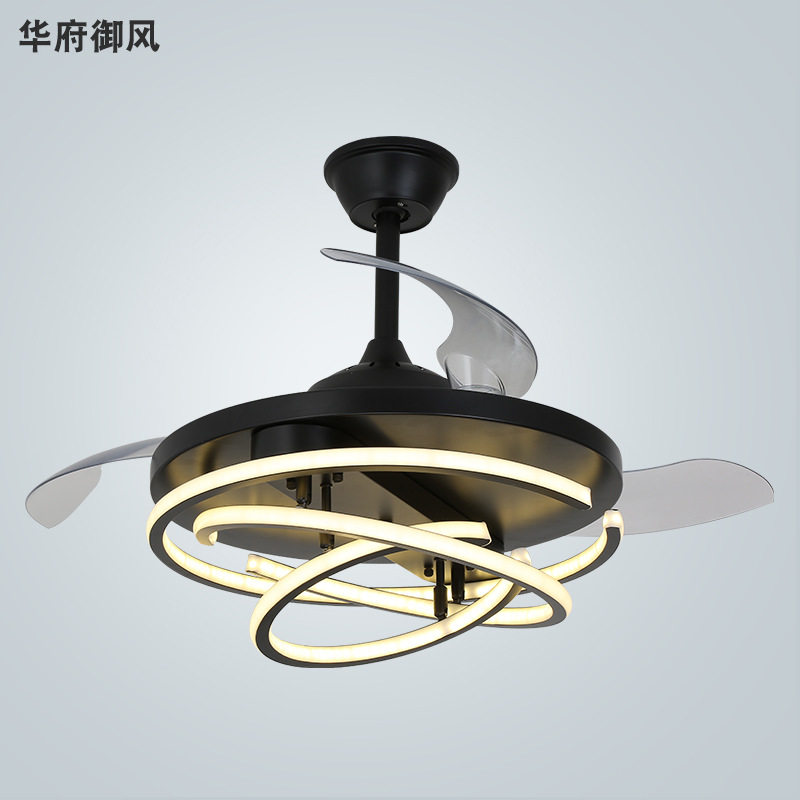 黑色创意移动三圈风扇灯北欧轻奢简约吊灯家用客厅餐厅吊扇灯遥控