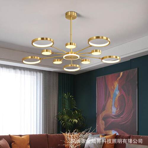 现代全铜吊灯简约客厅卧室餐厅灯轻奢创意个性圆圈三色变光LED灯