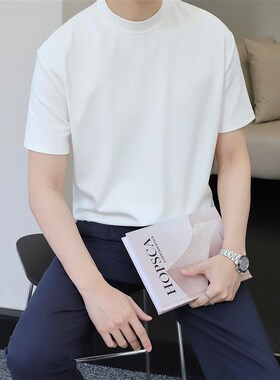 里奈280g加固小领口夏季纯色内搭衣男潮牌亲肤圆领白色短袖T恤