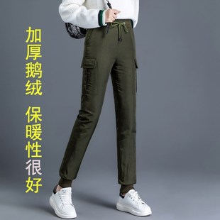 裤 女外穿加绒鹅绒工装 绿色 户外加厚休闲宽松白鹅绒羽绒裤 小火炉