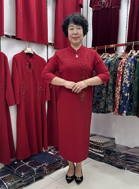 高档立领旗袍式收腰妈妈连衣裙女2023喜庆结婚婆婆婚宴红色礼服新