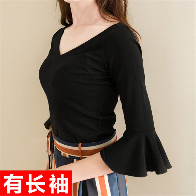 2021春韩版V领喇叭袖中袖T恤女修身长袖打底衫显瘦荷叶边高弹纯棉