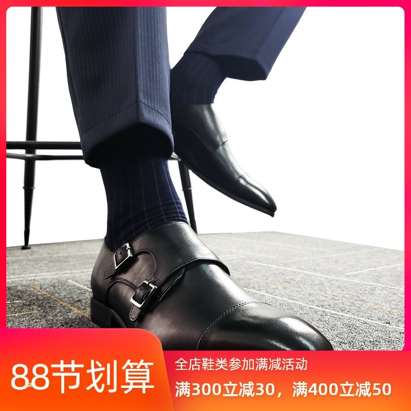 英伦孟克鞋真皮尖头搭扣僧侣皮鞋男套脚35隐形内增高男鞋36小码37,流行男鞋,正装皮鞋,淘宝优惠券,粉丝福利购,淘宝优惠卷