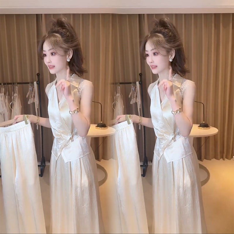 2025年夏季新款时尚两件套蕾丝无袖衬衫收腰上衣高腰显瘦长裤套装