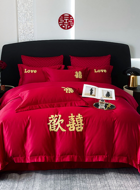 新款轻奢磨毛婚庆毛巾绣四件套大红色绣花双人床结婚床品套件床单