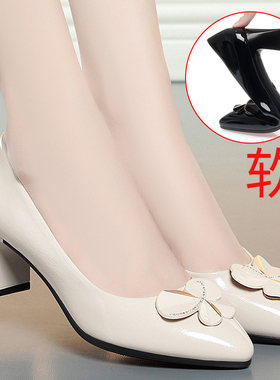 单鞋女鞋子真皮软底女款瓢鞋高跟妈妈鞋时尚中跟女士夏季工作皮鞋