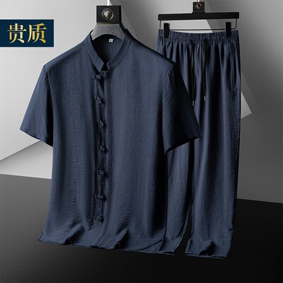 爷爷冰丝棉麻套装中老年唐装中年男士休闲短袖汉服爸爸夏装盘扣