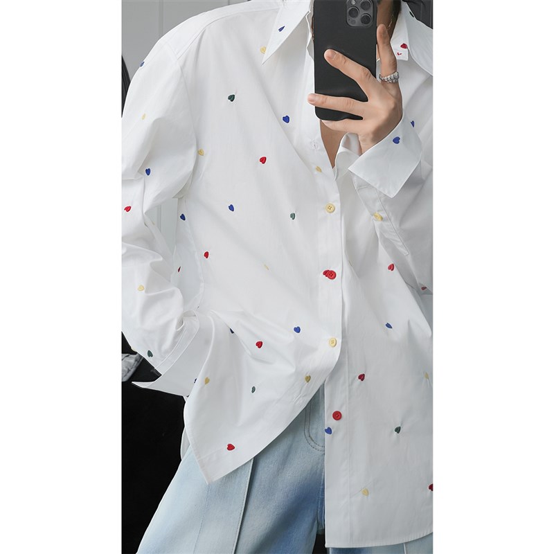龙叨叨春夏新款设计感重工刺绣爱心长袖衬衫男宽松休闲百搭衬衣潮