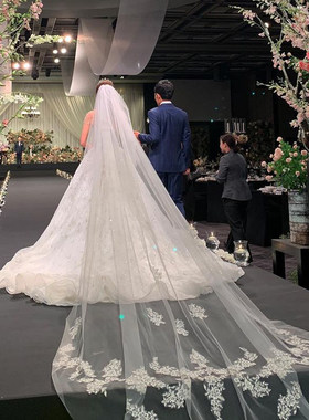 头纱新娘主婚纱奢华超长拖尾结婚蕾丝花边婚礼头饰超仙森系韩式