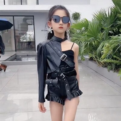 酷飒拽姐穿搭美式机车皮衣单肩外套女走秀舞台演出服圣诞节上衣潮