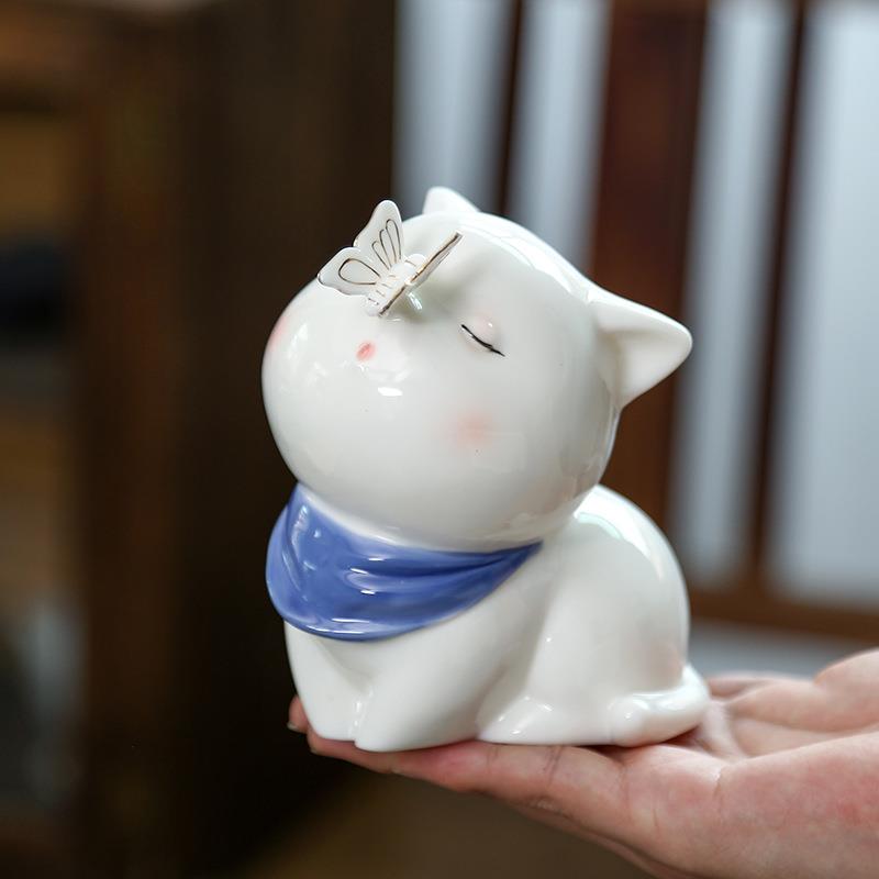 陶瓷猫茶宠摆件家居客厅茶桌面小猫咪装饰品可爱卡通动物工艺品