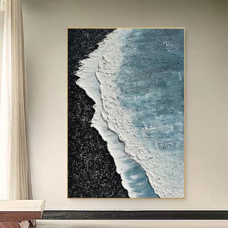 手绘油画蓝色海景抽象客厅装饰画石英砂立体肌理抽象玄关入户挂画