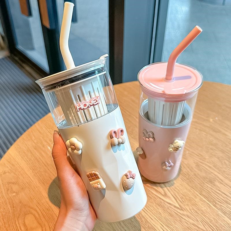 玻璃保温杯双层隔j热茶水分离吸管水杯女新款2024泡茶杯子学生