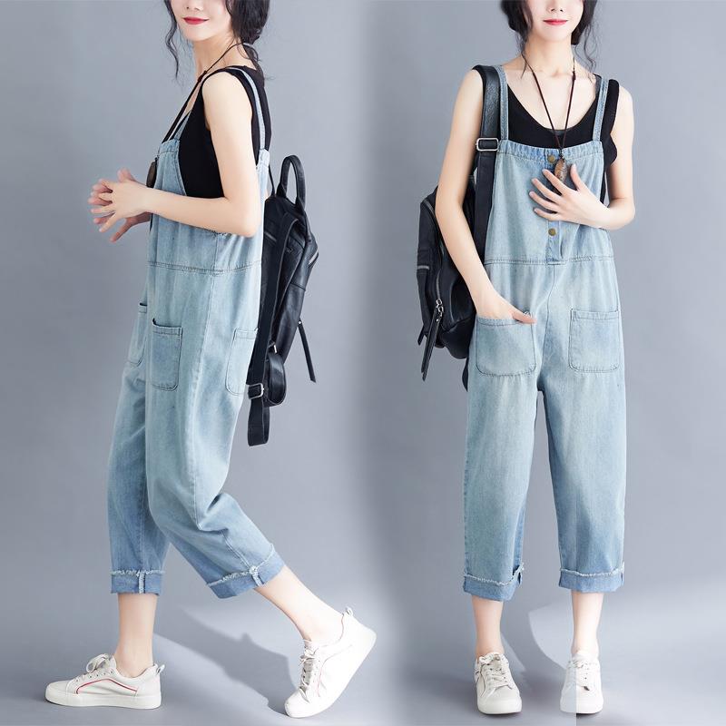 牛仔背带裤女夏款韩版宽松大码减龄夏季薄款胖mm连体七分裤女