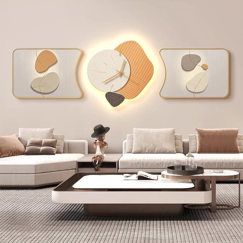 时来运转客厅装饰画钟表新款轻奢抽象三联画高级感沙发墙挂画