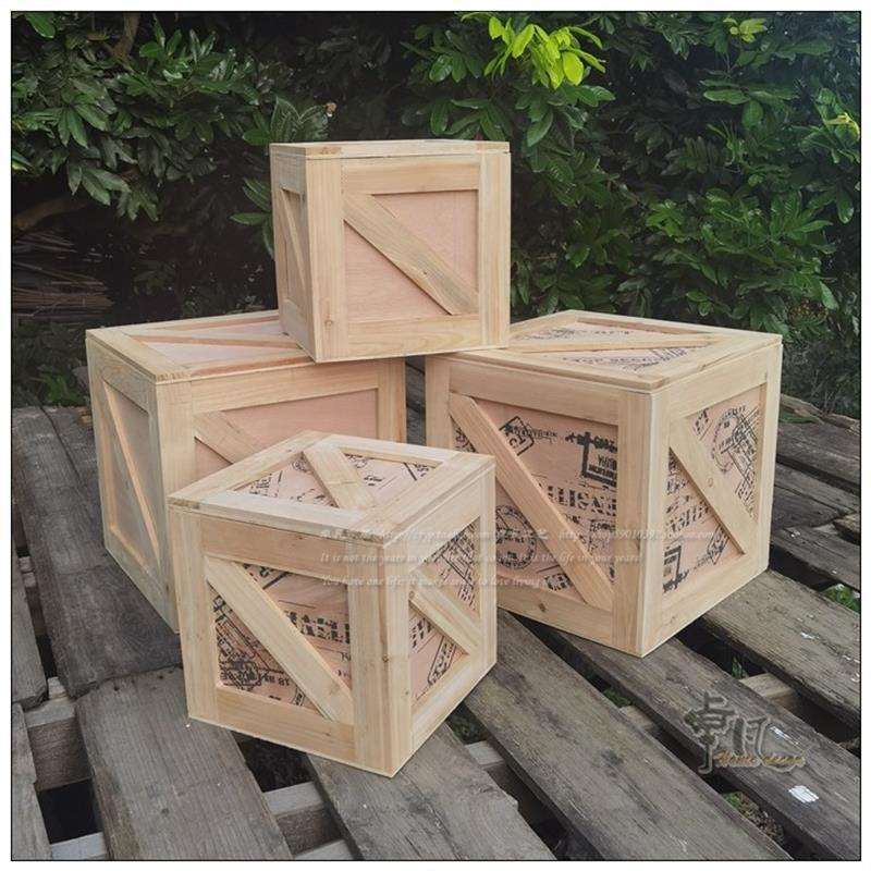 复古工业风木箱正方形收纳箱木制有盖装饰储物展示箱可坐人垒德株