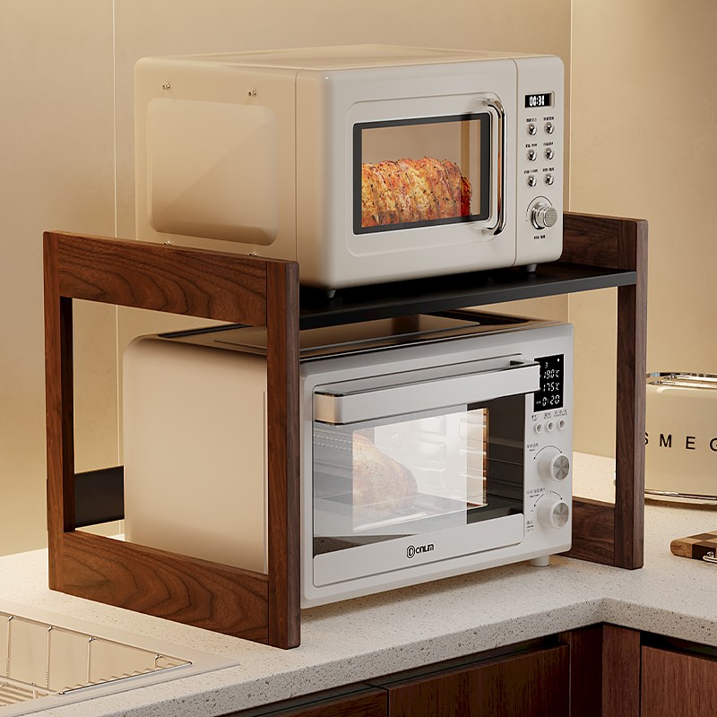 胡桃木厨房e微波炉置物架中古风多功能烤箱橱柜台面电饭煲锅收纳