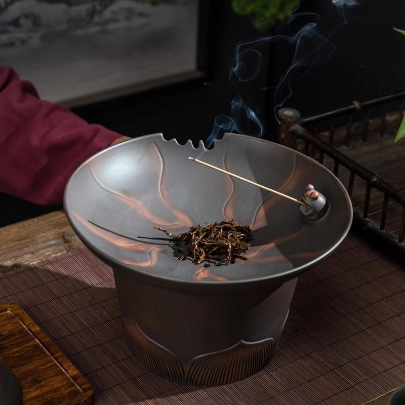 紫陶茶渣缸陶瓷过滤茶渣桶单个带盖式创意复古风特色茶洗茶盅水孟