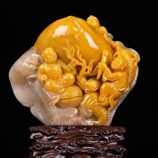 福建寿山田黄石俏色巧雕童子祝寿摆件家居客厅办公装饰摆设工艺品