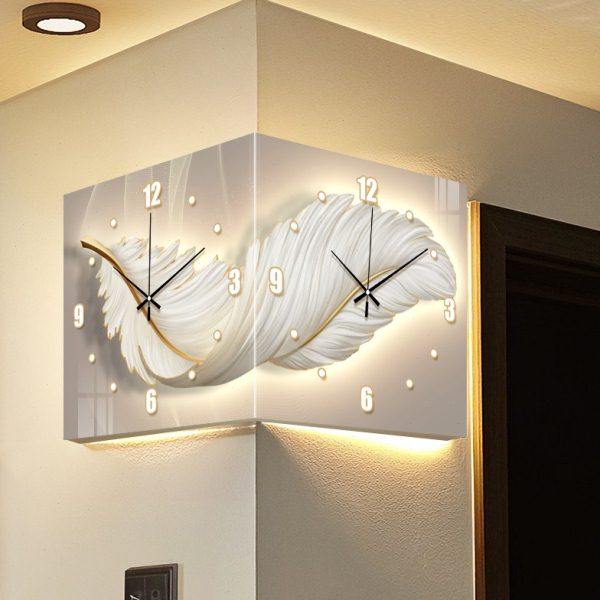 2024新款客厅拐角双面挂钟家用转角壁灯时钟简约餐厅静音钟表挂表,家居饰品,挂钟,淘宝优惠券,粉丝福利购,淘宝优惠卷