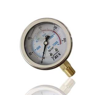 YRUN油润不锈钢压力表径向立装 1500PS 100KG 4PT 注油液压YN63