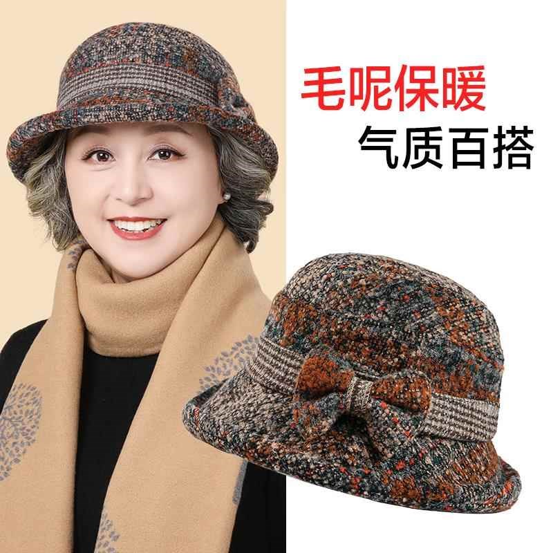 冬季中老年人帽子j加绒加厚女士毛呢时尚渔夫盆帽妈妈复古2024新