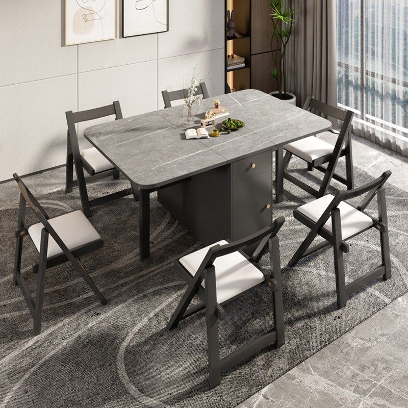 岩板折叠餐桌椅组合小户t型现代简约家用可移动长方形吃饭桌靠墙