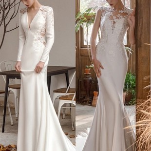 法式轻婚纱新娘长袖V领缎面蕾丝迎宾出门纱鱼尾礼服拖尾显瘦夏季