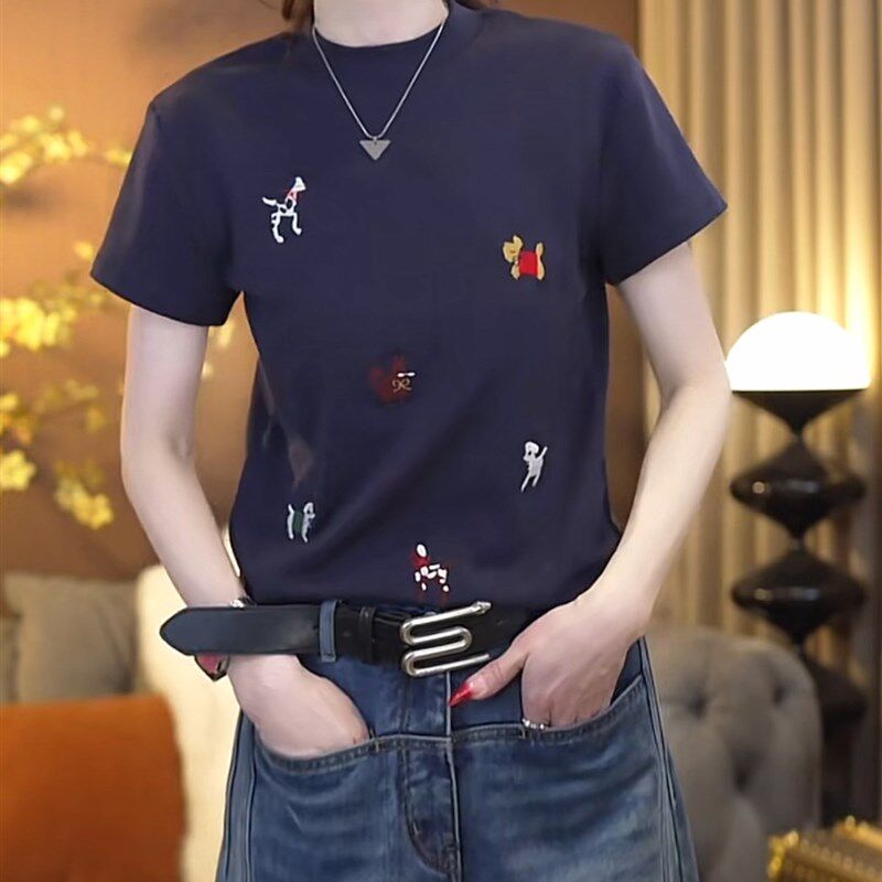 重工球球狗刺绣圆领短袖T恤女2025春季新款时尚休闲百搭显瘦上衣