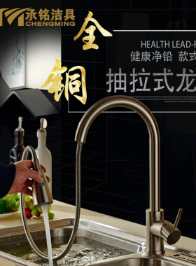 欧式全铜厨房洗菜盆冷热抽拉式水龙头 可旋转伸缩拉丝黑色水龙头