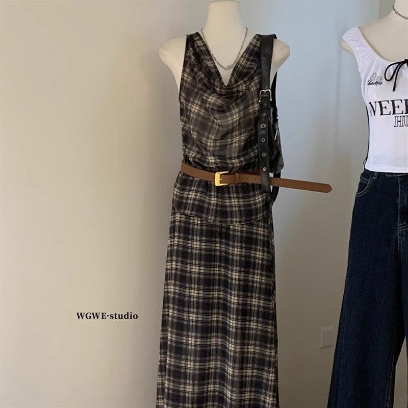 复古格子荡领吊带背心+高腰大摆半身裙法式气质两件套装(配腰带),女装/女士精品,时尚套装,淘宝优惠券,粉丝福利购,淘宝优惠卷