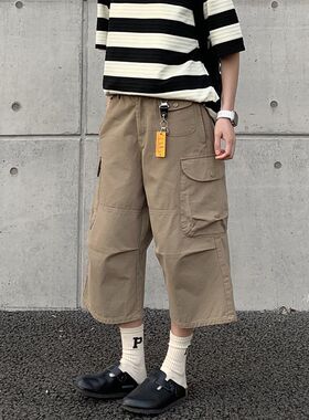 日系潮牌工装短裤男夏季美式高街宽松阔腿七分裤直筒男女休闲裤子