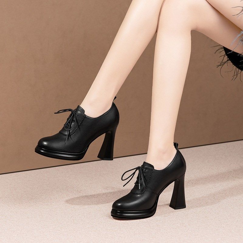 真皮时尚防水台10CM高跟鞋深口单鞋女春新款圆头粗跟厚底系带女鞋