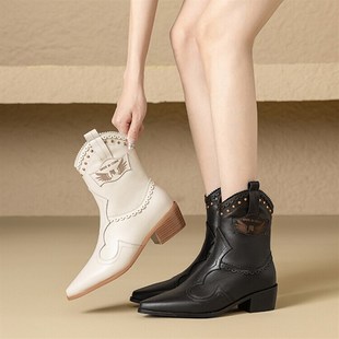 4厘米跟秋冬季 DLX 皮靴粗跟中跟短靴女米白色靴子牛皮真皮女靴大码
