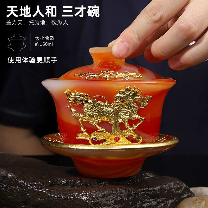 琉璃盖碗陶瓷大号翡翠玉瓷三才盖碗家用白瓷茶碗泡茶碗品茗杯茶海