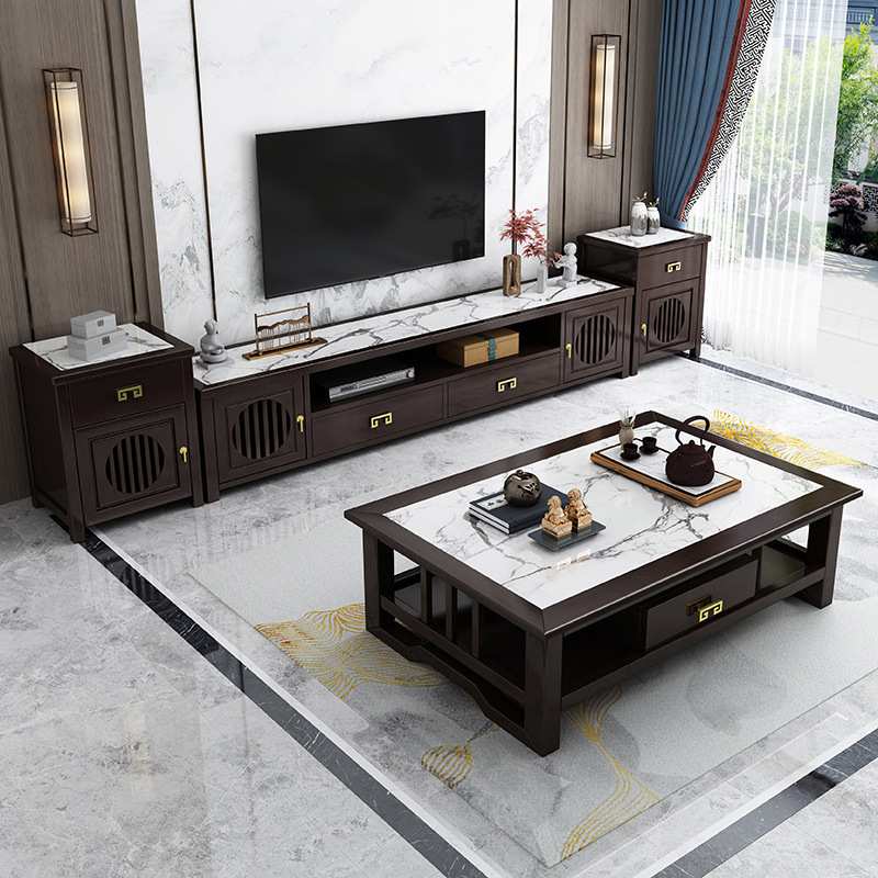 新中式岩板电视柜茶几组合客厅现代简约小户型储物实木地柜影视柜