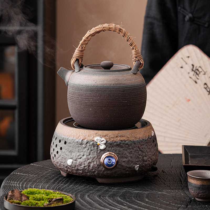 鎏金粗陶电陶炉小型复古高端围炉煮茶家用室内煮茶器陶瓷茶壶套装