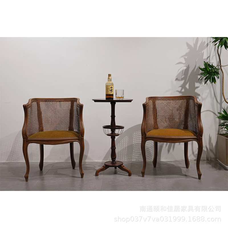 美式乡村实木藤编家用餐椅复古田园风家用扶手藤艺别墅阳台休闲椅