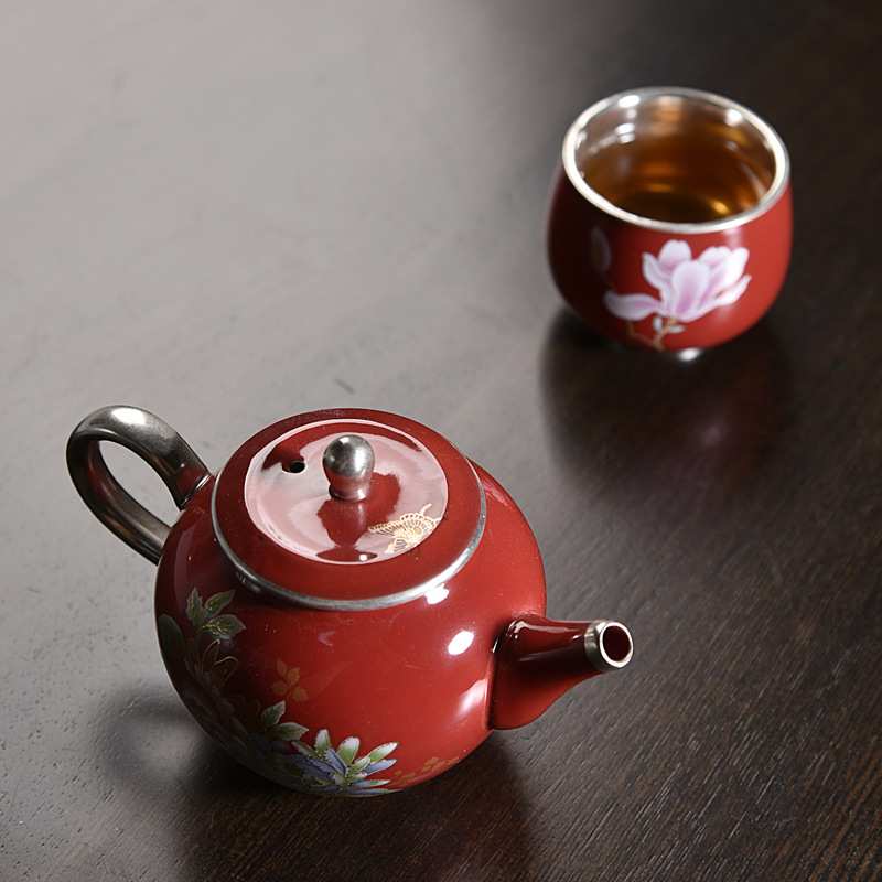 鎏银茶壶小号复古纯手工家用中国红冲茶器茶具单壶陶瓷泡茶牡丹壶