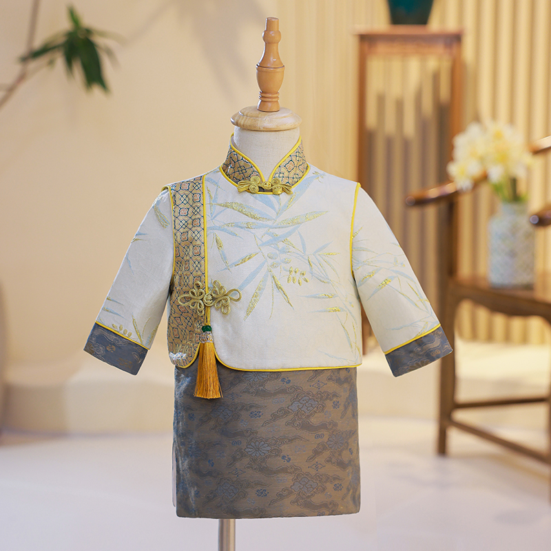儿童唐装套装男童中国风2023新款抓周礼服男宝宝一周岁宴衣服夏季
