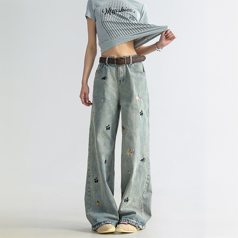 300斤特大码高腰直筒牛仔裤女胖mm刺绣设计感裤子复古美式阔腿裤